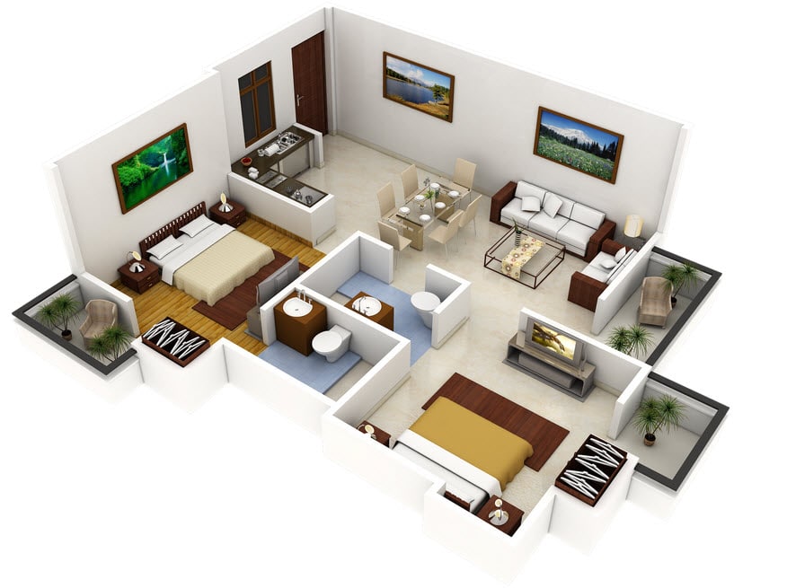 Plano 3D de casa con dos dormitorios | Construye Hogar