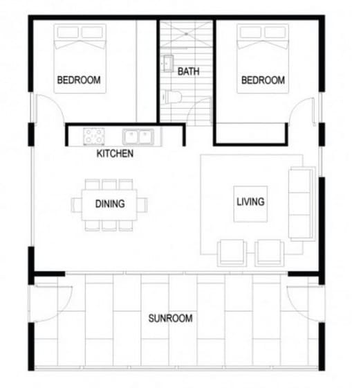 Plano de casa autosustentable de dos habitaciones