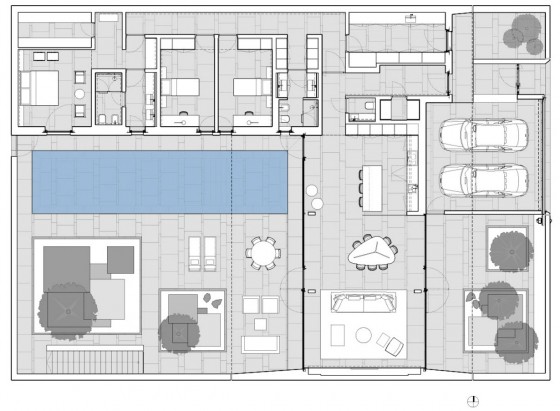 Plano de casa de un piso en forma de L