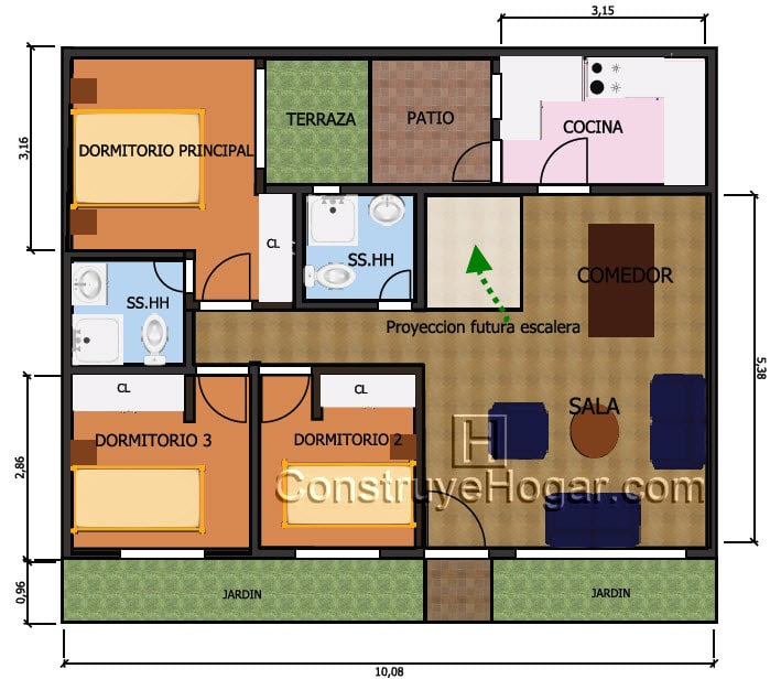 Plano De Casa De 10m X 10m Con Proyeccion A Segundo Nivel