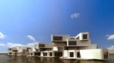 Fachada de edificio de departamentos flotante sobre el mar
