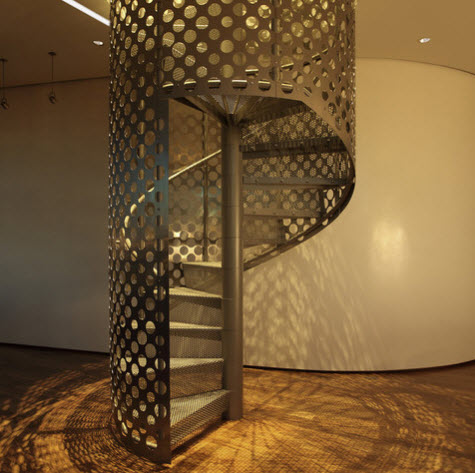 Diseño de escalera en espiral de metal perforado