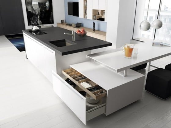Diseño de cocina gris y blanco con isla multifuncional minimalista 