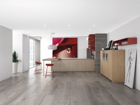 Diseño de cocina minimalista color gris en el piso con rojo paredes