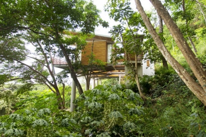 Vista de la casa construida en bosque frondoso
