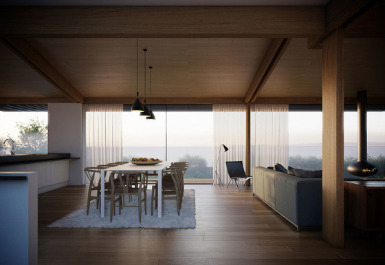 Diseño de comedor y cocina moderna con techo madera