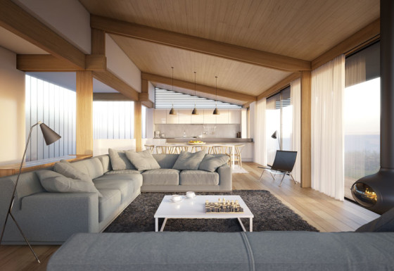 Diseño de sala moderna con techo inclinado de madera