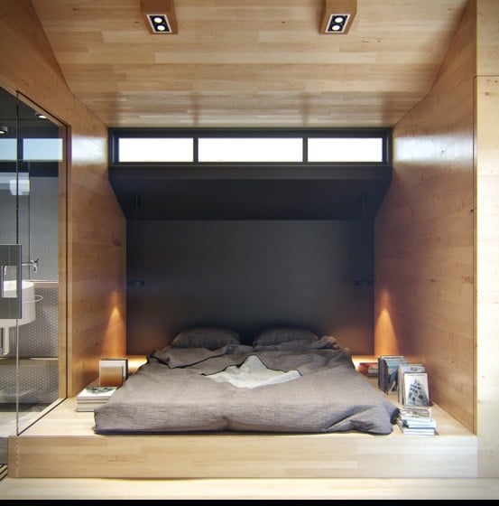 Diseño de dormitorio de pequeño apartamento con ventana alta