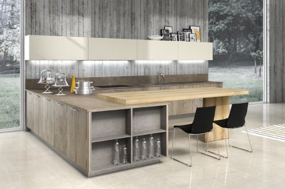 Cocina pequeña con muros textura rústica