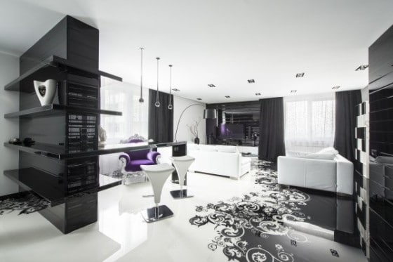 Diseño de sala blanco y negro de apartamento