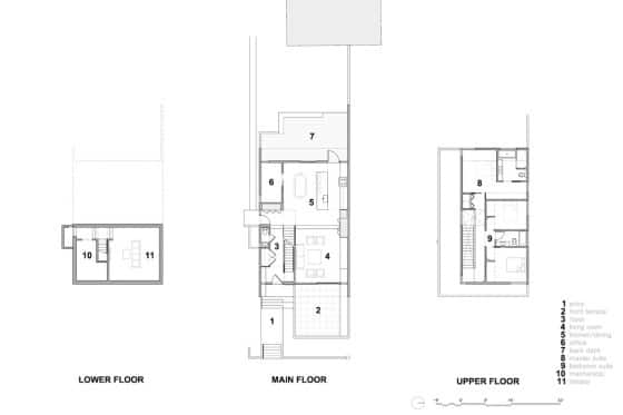 Planos de casa de dos pisos en terreno pequeño, fachada moderna y decoración de interiores en madera