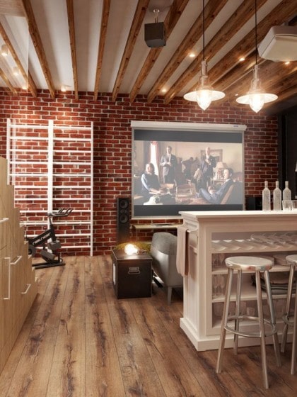 Diseño de sala con bar y proyector para ver películas y videos