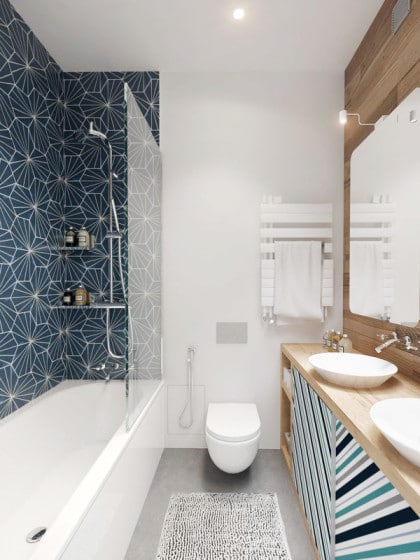 Diseño de baño de colores azul, verde y blanco, con  madera en paredes