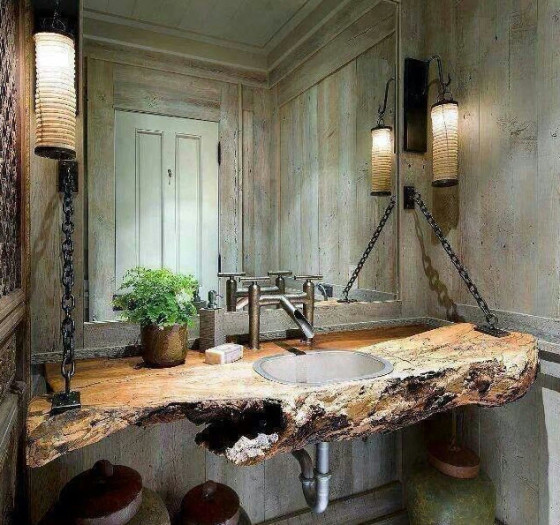 Diseño original de cuarto de baño con lavatorio de madera