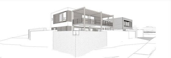 Planos de casa de dos pisos construida en terreno cuadrado, incluye moderna fachada de madera