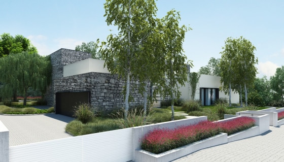 Moderna fachada de casa de un piso con cerco perimétrico y jardineras