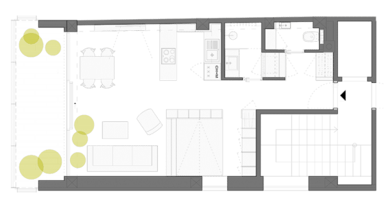 Plano de apartamento pequeño con módulo para un dormitorio que tiene un conjunto de estanterías