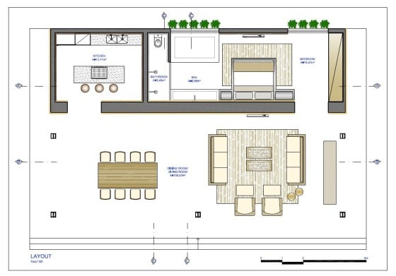 Plano de casa pequeña con un dormitorio y amplia sala comedor