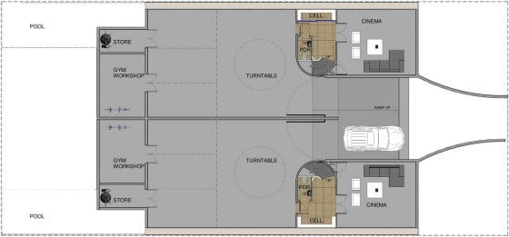 Plano de estacionamientos en el sótano de casa dividida en dos