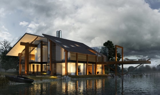 Diseño de casa de madera con techos dos aguas