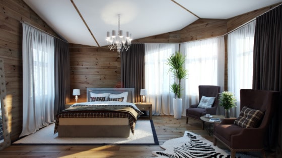 Diseño de dormitorio con paredes y piso de madera estilo clásico 