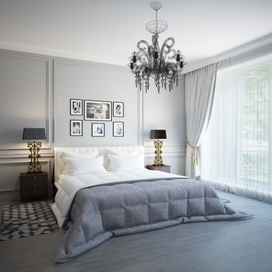 Diseño de dormitorio moderno con araña de luces