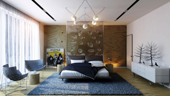 Diseño de moderno dormitorio con objetos decorativos y alfombra