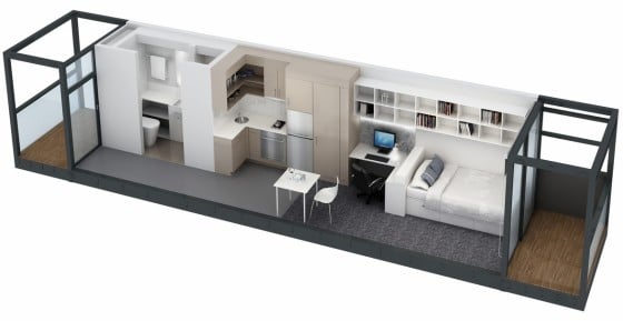 Plano de apartamento pequeño alargado de un dormitorio 