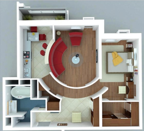 Planos de apartamentos pequeños 3D de un dormitorio