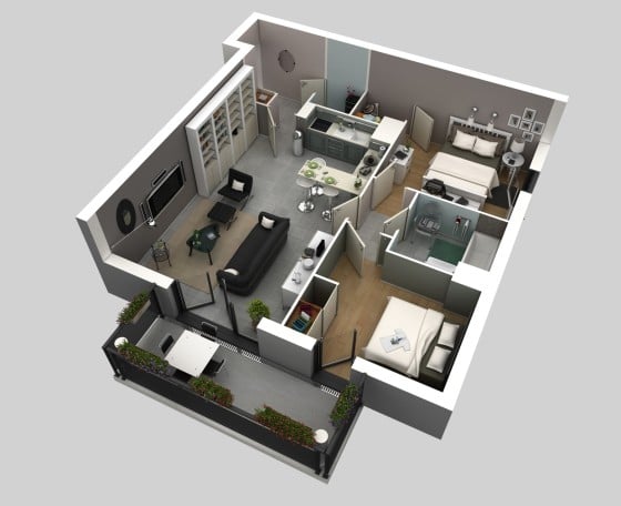 Plano de departamento pequeño en 3D con terraza