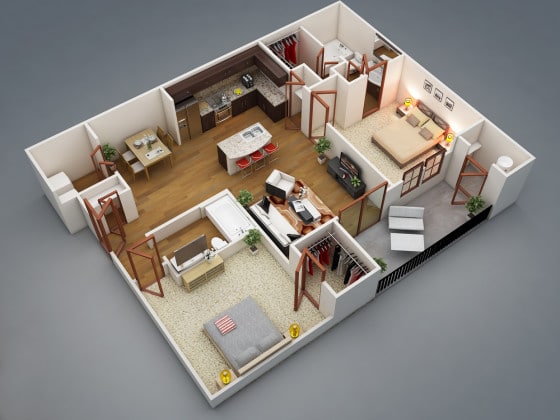 Plano de moderno departamento en 3D