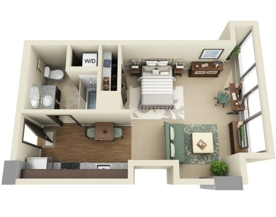 Plano de departamento pequeño de un dormitorio con ingreso por cocina
