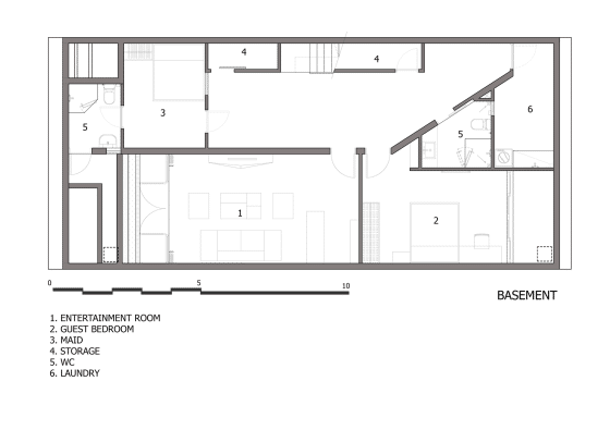 Plano de sótano de casa de tres pisos