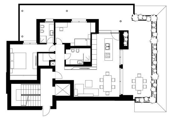 Plano de apartamento de dos dormitorios y terraza