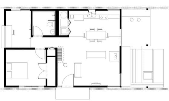Plano de casa pequeña con moderna fachada más interiores