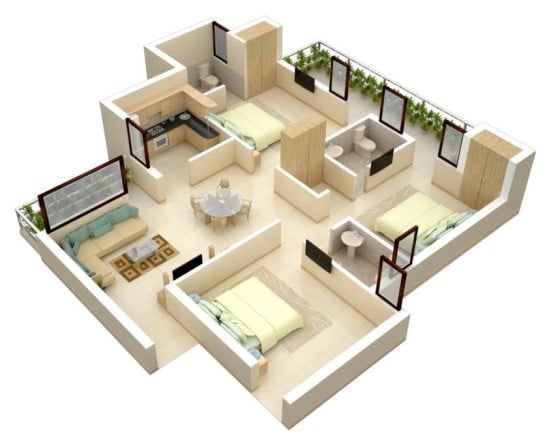 Plano de departamento sencillo de 3 habitaciones 