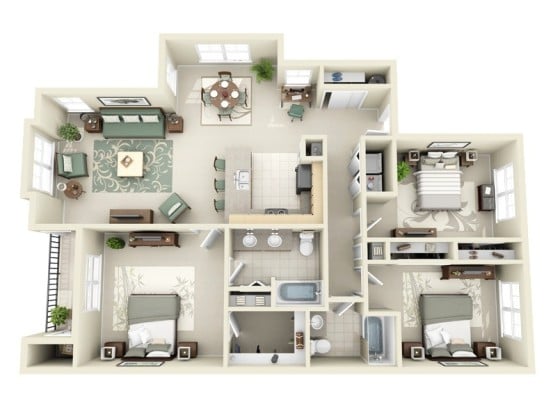 Plano de departamento de tres habitaciones con sala comedor y cocina