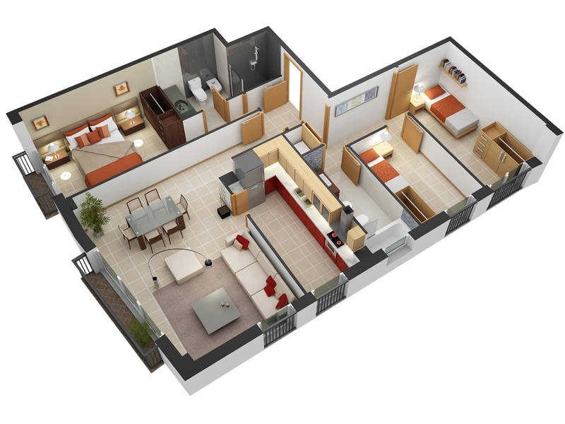 Planos de departamentos de 3 habitaciones  Construye Hogar