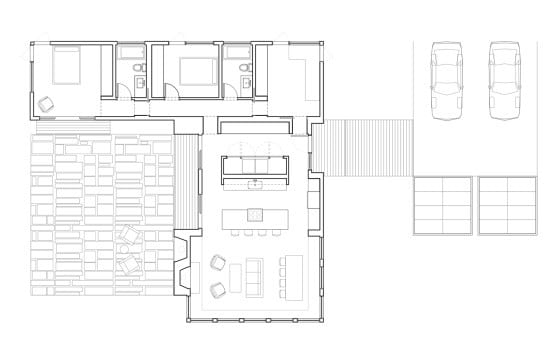 Plano de casa de una planta en forma de L