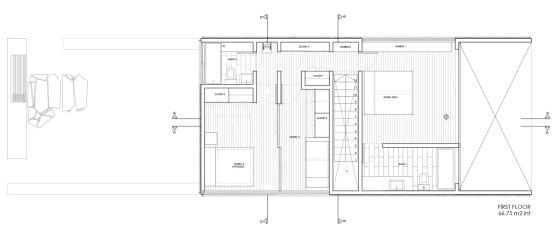 Plano del segundo piso con tres habitaciones