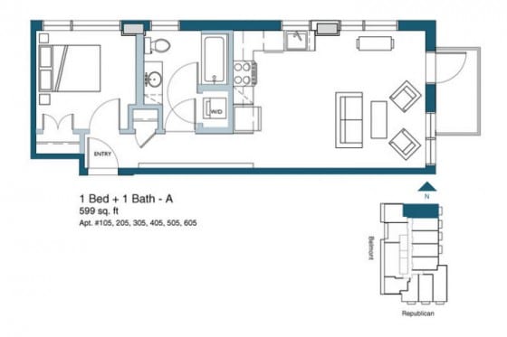 Plano de departamento pequeño de un dormitorio