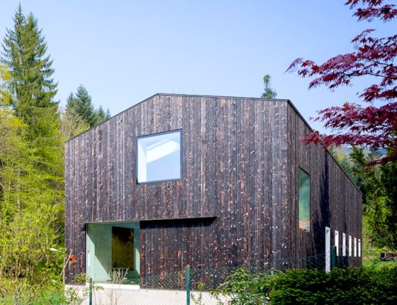 fachada de casa de madera construida en el campo