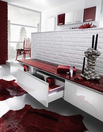 Diseño de mueble encimera roja de cuarto de baño rojo