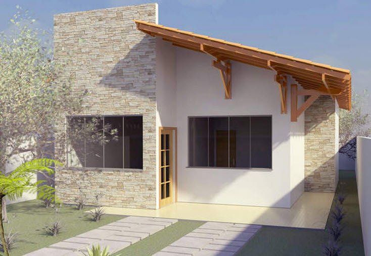 Plano de casa económica de dos dormitorios tiene moderna fachada con aplicaciones de piedra