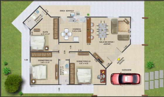 Plano de casa de campo de tres dormitorios