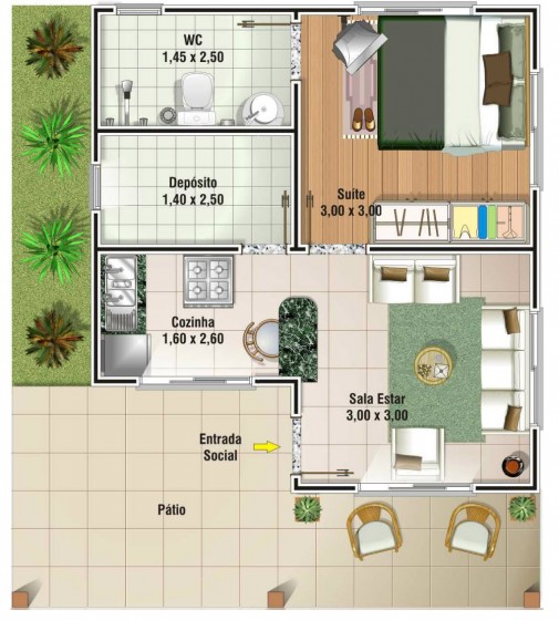 Plano de casa de campo de un dormitorio