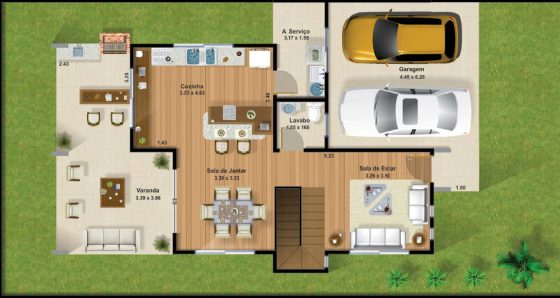 Plano de casa de dos plantas con carport