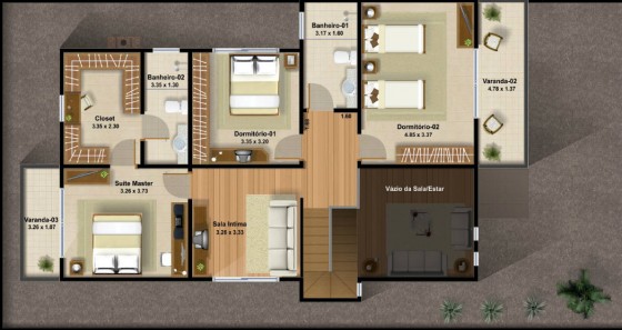 Plano de casa de dos plantas con  tres dormitorios