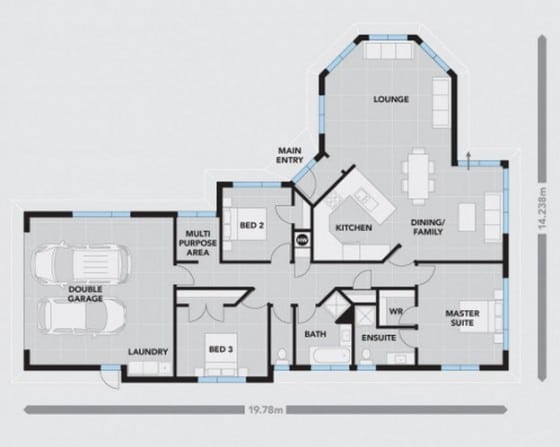 Plano de casa de un piso con tres habitacciones 005