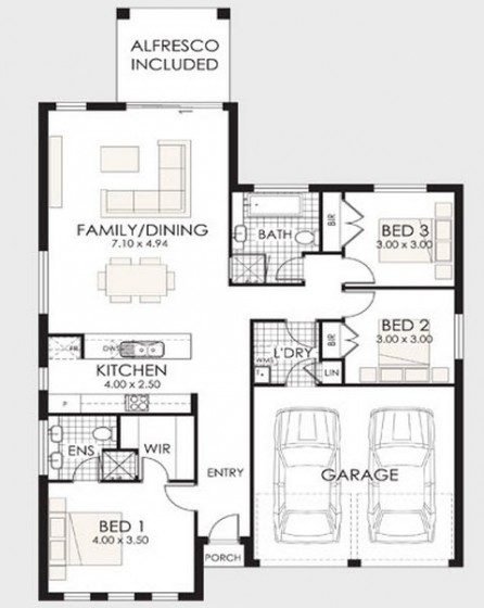 Plano de casa de un piso y tres dormitorios con garaje